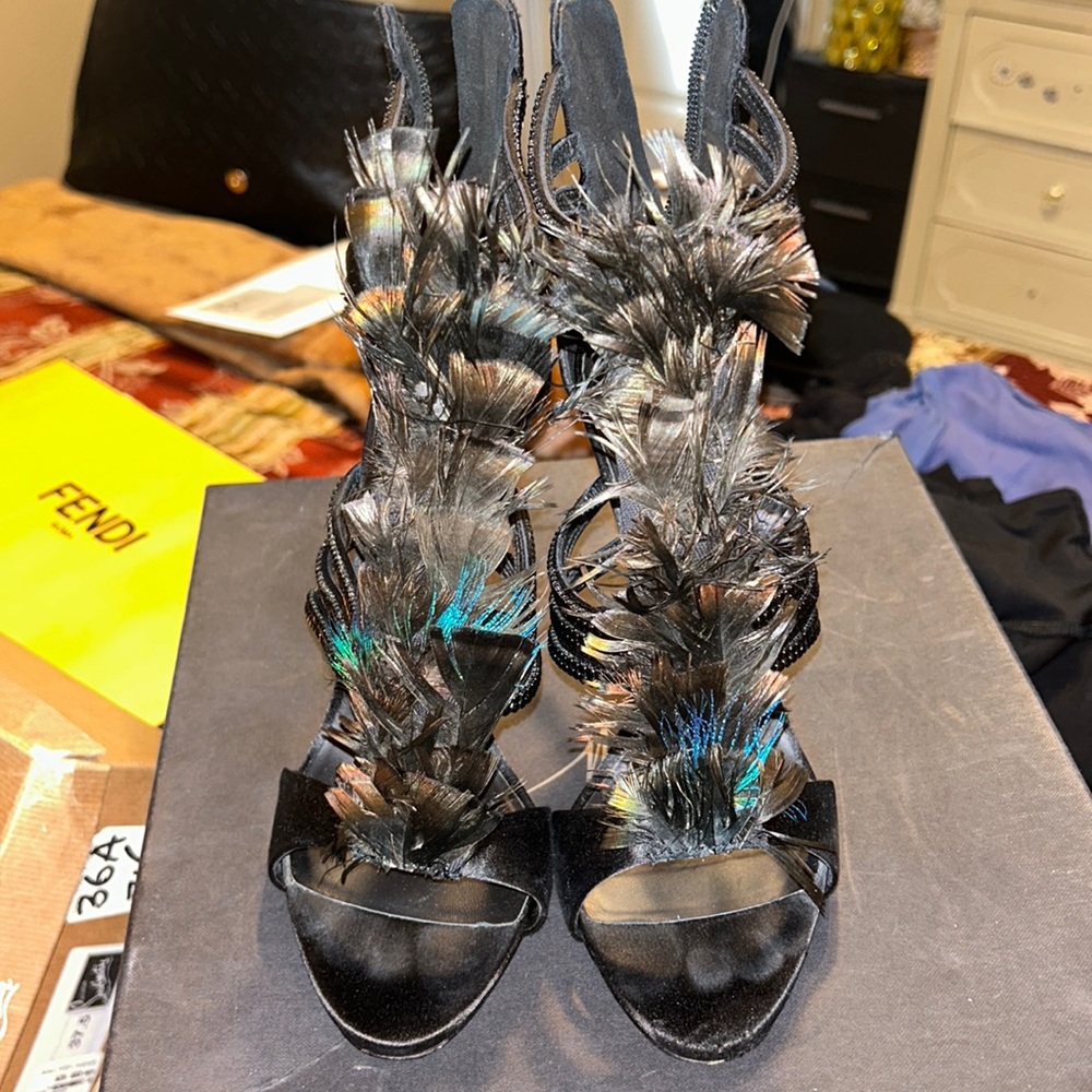 GIUSEPPE ZANOTTI Coline Feather-embellished Satin Sandals
